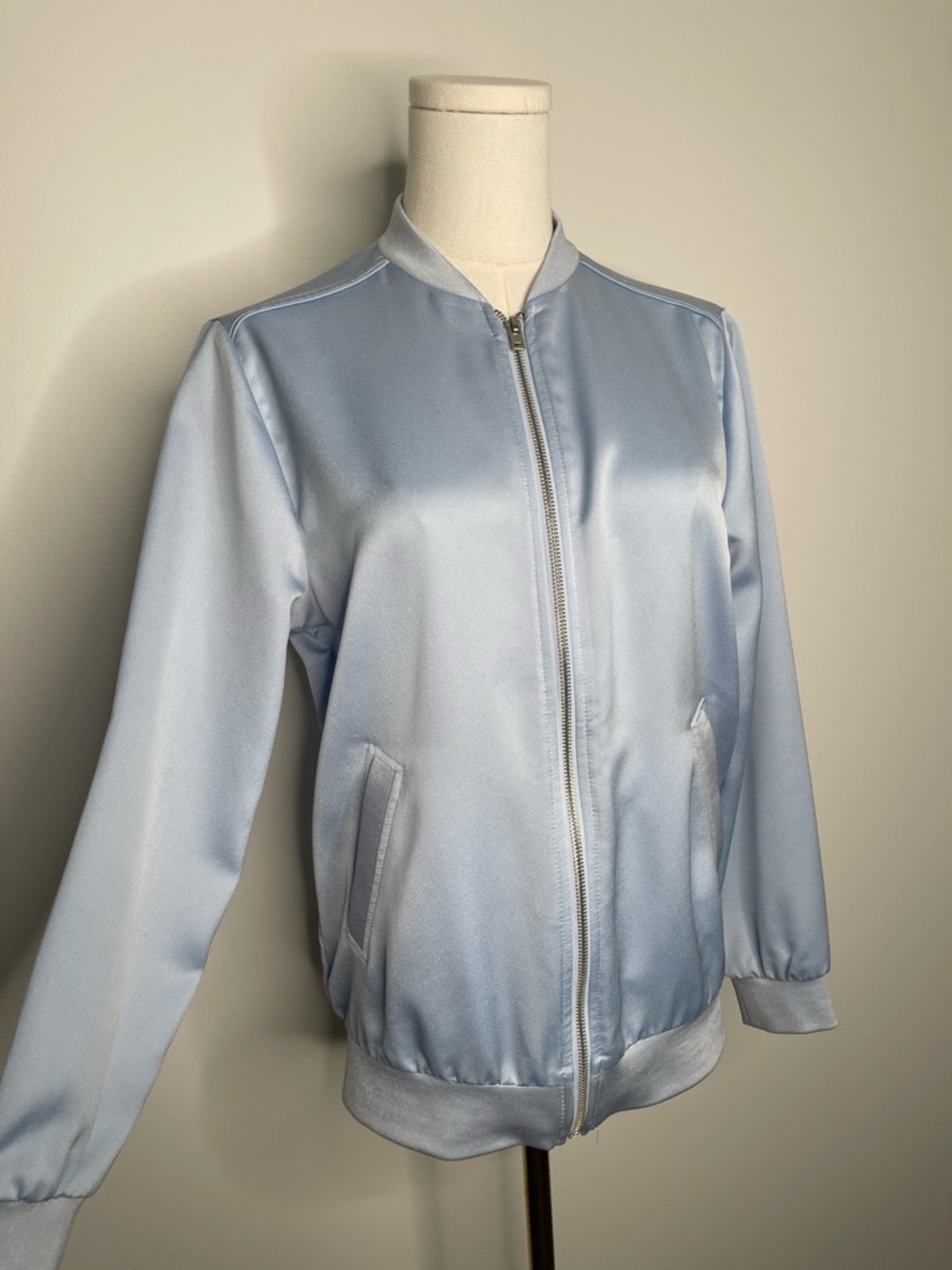 Topshop Baby Blue Satin Bomber Jacket Spring 2026 Pastel Lightweight Coat Small
